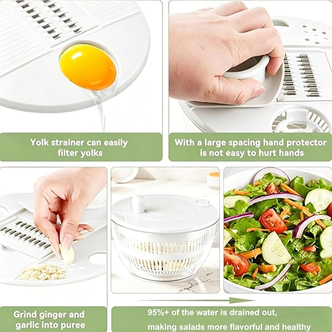 Ceruaxb Salad Spinner Chopper Large with 5 Blades Slicer, Vegetables Fruits Wash Bowl, Lettuce Spinner and Dryer, Egg Yolk Strainer Slicer Shredder for Kitchen Colander, 5.3 Qt, White