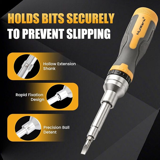 Mulwark 16-in-1 Ratcheting Multi-Bit Screwdriver Set, S2 Steel Screwdriver with 1/4" & 5/16" Nut Drivers, Nickel Coated Anti-Rust screw driver, Max Torque Soft Handle for Home Repair & DIY