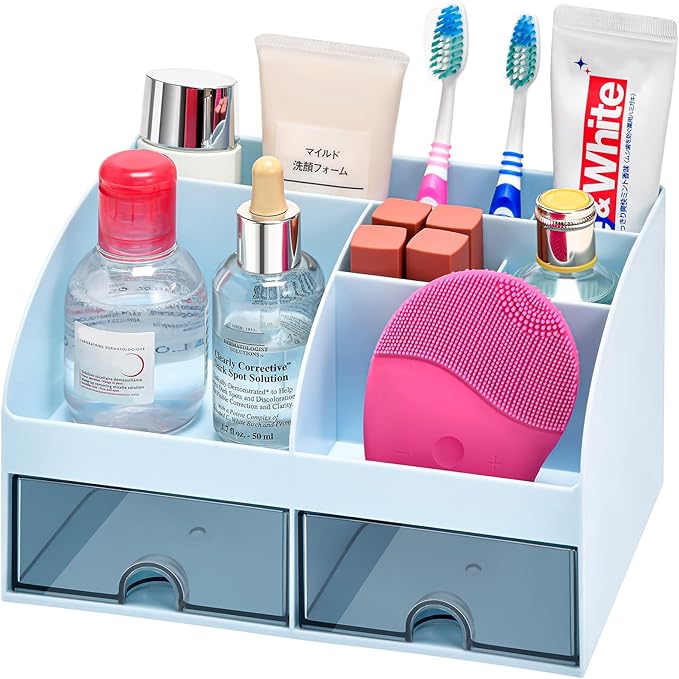 VITVITI Toothbrush Holders for Bathrooms Countertop, 5 Slots Toothpaste Bathroom Counter Sink Organizer with Drawers, Plastic Bathroom Organizer for Vanity/Makeup/Office Blue