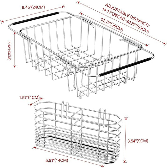 Fanbsy Small Dish Drainer Rack in Sink Adjustable, Expandable Stainless Steel Metal Dish Drying Rack Organizer with Stainless Steel Utensil Holder Over Inside Sink Counter, Rustproof(for 1-2 People)