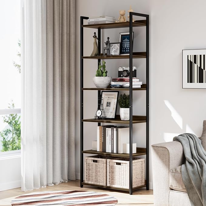 NUMENN Bookshelf, 6 Tier Freestanding Shelving Unit, Dark Walnut | Metal Frame & Wood Shelves, Falling Prevention Baffle, Open Storage Bookcase for Bedroom, Living Room & Home Office