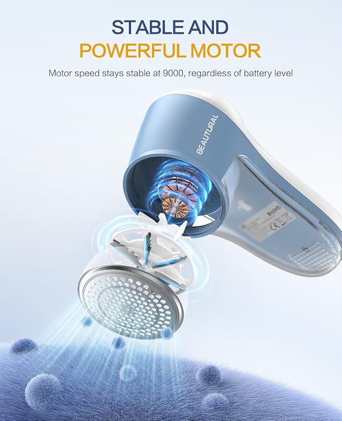 BEAUTURAL Fabric Shaver and Lint Remover, Rechargeable Sweater Defuzzer | 6-Leaf Blades, Electric Clothes Shavers to Trim Fuzz and Pills, Remove Pilling for Clothing, Furniture, Couch, Blanket