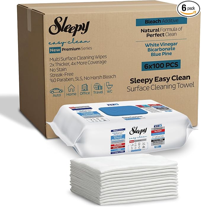 Sleepy Easy Clean XL Heavy Duty Cleaning Wipes (600 Count) – Chlorine-Free Bleach & Vinegar Formula – Large 8"x8" Multi Surface Scrubbing Wipes for Bathroom, Grout, Tile, Glass, Carpet Spots & Stain