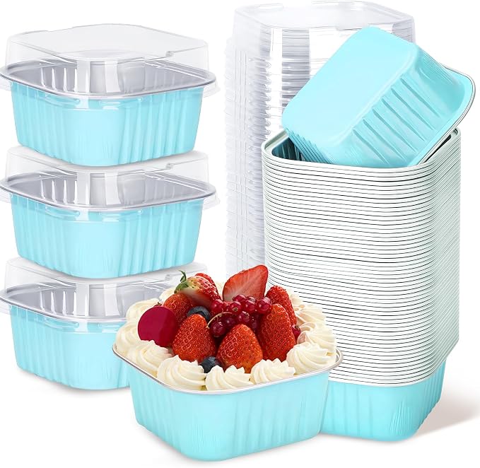 60Pack 5oz Blue Mini Cake Pans with Lids Baking Cups Aluminum Foil Pans Tins, Individual Dessert Cups Containers for Sales,Party,Picnics