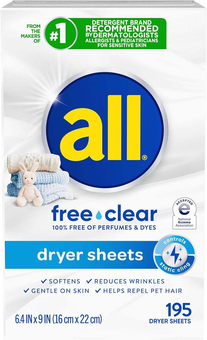 all free clear Fabric Softener Dryer Sheets for Sensitive Skin, 195 Count, Hypoallergenic, Unscented, Dye Free, Controls Static Cling, Reduces Wrinkles, Dermatologist Tested, HE Safe