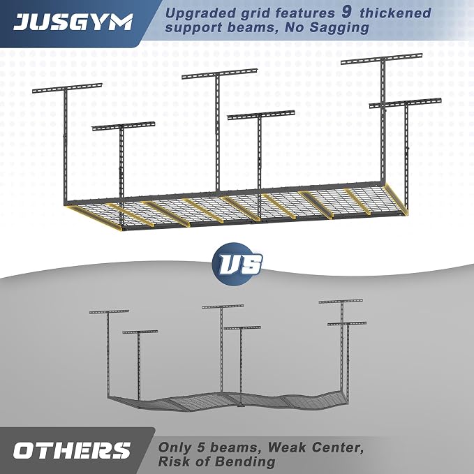 Jusgym 4X8FT Overhead Garage Storage Rack, 26"-40" Height Adjustable Garage Ceiling Storage Racks, Heavy Duty Metal Overhead Storage Organizer System, 750LBS Weight Capacity