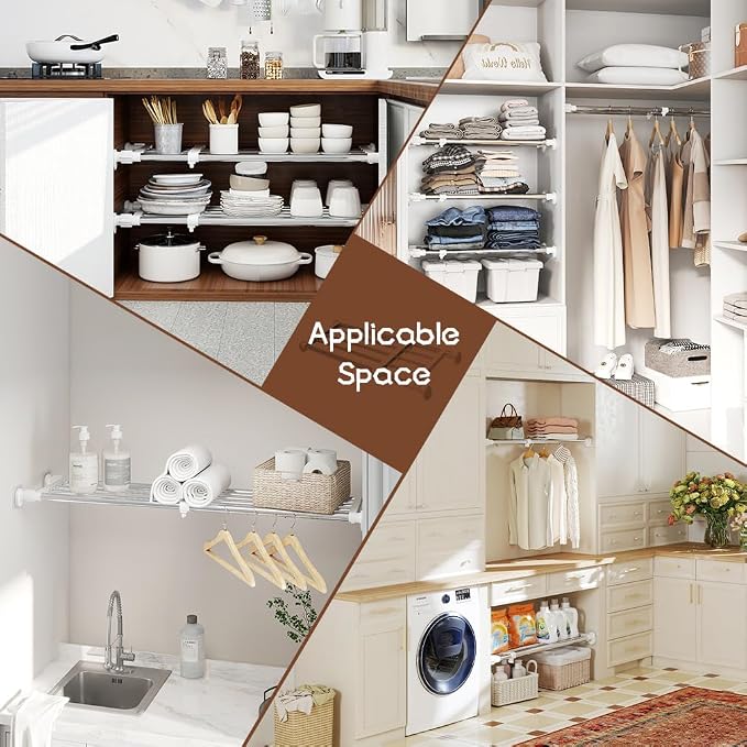 Hershii Closet Tension Shelf & Rod Expandable, Adjustable Storage Rack | Metal Organizer DIY Divider Separator for Cabinet Wardrobe Cupboard Kitchen Bathroom 15.74 - 23.62 inches
