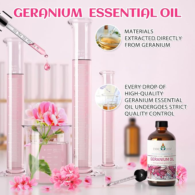 EVOKE OCCU Geranium Essential Oil for Skin & Aromatherapy | Relaxing Scent for Hair Scalp Care, Diffuser, Massage, DIY Soap Candle & Home Cleaning - 118ml / 4 fl oz