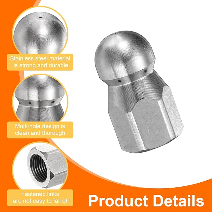HARFINGTON Pressure Washer Sewer Nozzles 1/4" NPT Orifice 5000 PSI Stainless Steel Drain Blaster Rotating Button Nose Fixed Cleaning Water Hose Jet for Drain Cleaning Hose