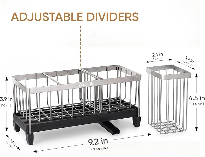 ZenSink Sponge Holder for Kitchen Sink, Kitchen Sink Caddy Organizer with Drain Tray, High Brush Holder, Rustproof 304 Stainless Steel Kitchen Counter Organizer