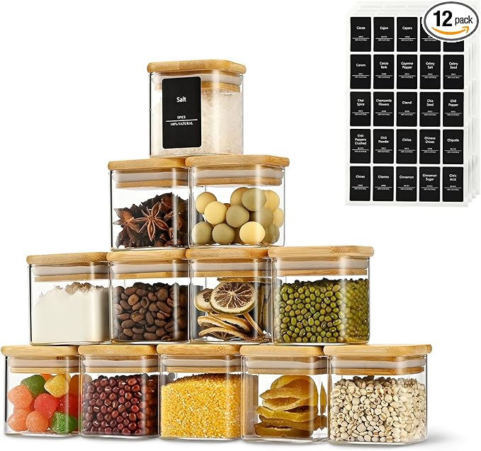 D2scrma 4oz Airtight Square Spice Containers with Bamboo Lid Set of 12 (120ml) with Black Lables Storage Stackable Spice Jar, Kitchen Canister for Sugar, Tea, Flour, Salt and Seasonings