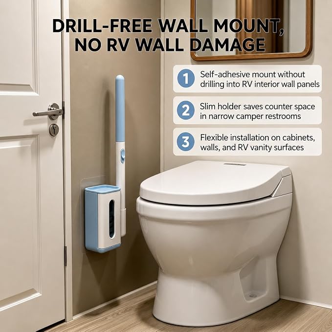 RV Toilet Brush, Wall Mount Bath Cleaning Brush Set, 16 Cleaner Refill | Hands-Free Toilet Bowl Wand Kit, Cleaning System Starter Kit, Bathroom Cleaning System for RV, Sink, Bathtub, Wash Basin