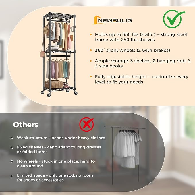NEWBULIG Heavy Duty Clothing Rack with Wheels, 3-Tier Adjustable Wire Garment Rack, Metal Freestanding Closet Organizer System with Double Hanging Rods & 8 Side Hooks, 23" x 15" x 75", Black