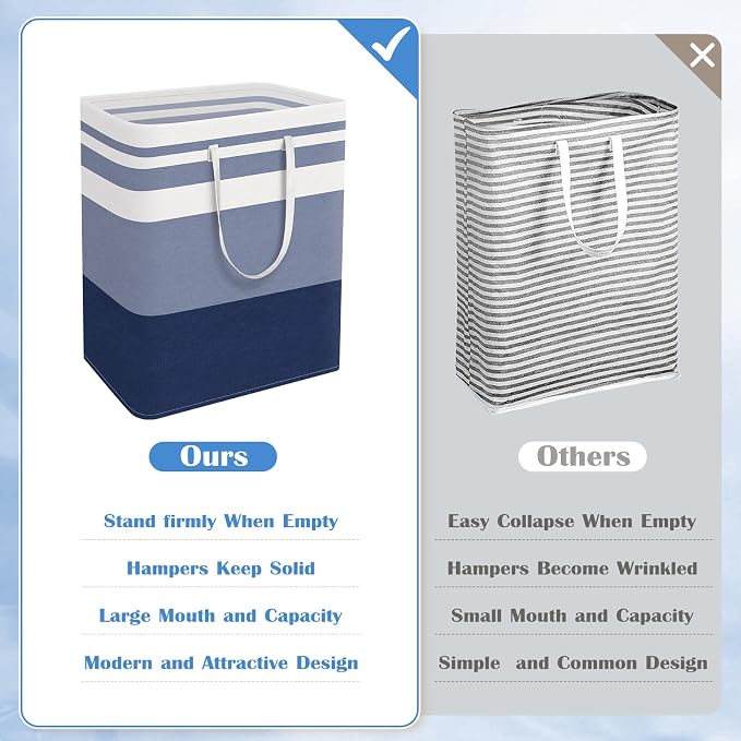 BlissTotes 3-Pack Laundry Basket, Collapsible Laundry Hamper, Blue, 125L | Laundry Clothes Hamper, Hampers for Bedroom, Freestanding Hamper with Handles, Clothes Laundry Basket