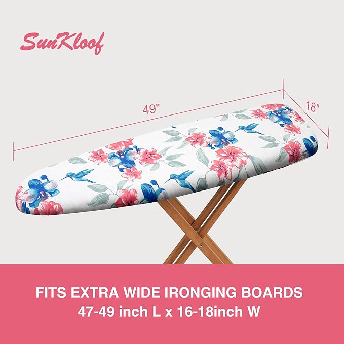 Ironing Board Cover and Pad 18"x49" Extra Thick Natural Cotton, Scorch and Stain Resistant Padding, Extra Wide Iron Board Cover with 4 Fasteners Heavy Duty Elastic Edge, Heatproof Flower