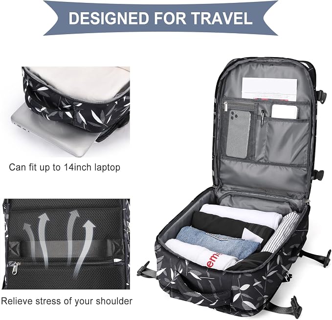 WONHOX Large Travel Backpack Women, Carry On Backpack,Hiking Backpack Waterproof Outdoor Sports Rucksack Casual Daypack Fit 14 Inch Laptop with USB Charging Port Shoes Compartment, Leaves Black