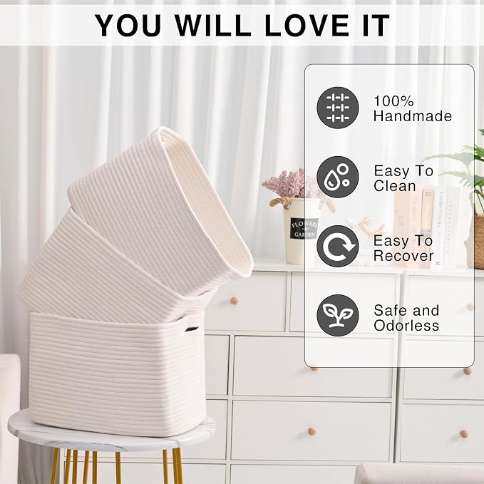 ICERZCZ Storage Baskets for Organizing Shelves, Woven Cotton Rope Bins for Baby Nursery Organization, Book Toy Towel Organizer, 15"x11"x9.5", 3 Packs, Off White