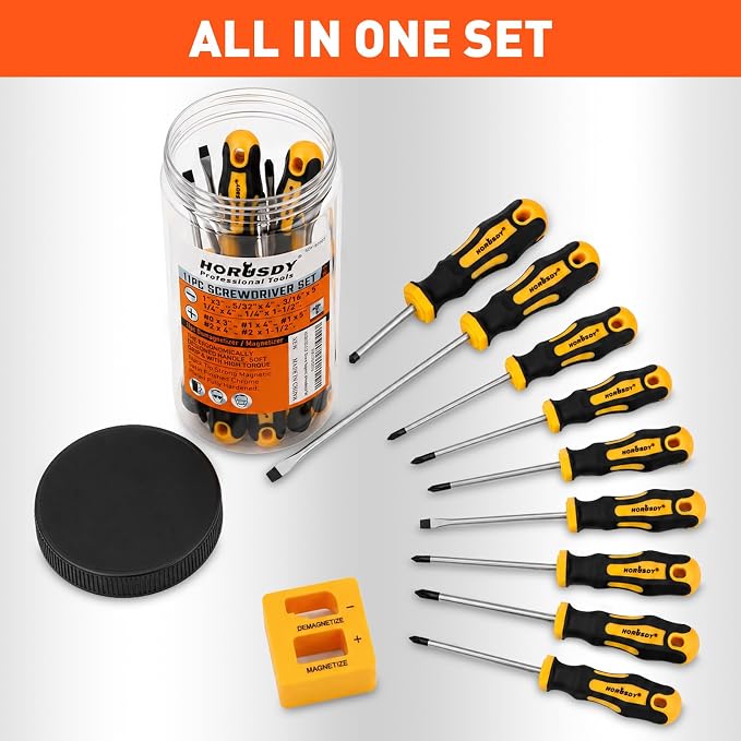 HORUSDY 11-Pieces Magnetic Screw driver, Magnetic 5 Phillips and 5 Flat Head Tips for Fastening and Loosening Seized