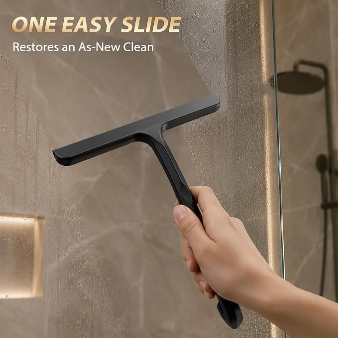 Silicone Shower Squeegee for Shower Glass Doors with Built-in Hook - One-Piece Seamless Bathroom Squeegee, Streak-Free Window Squeegee Cleaner Tool for Mirror, Tile, Countertop, Car Windshield (Black)
