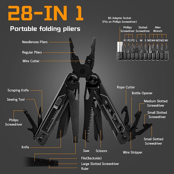 28-in-1 Multitool Pliers with Scissors,Saw, Screwdrivers,Rope Cutters,Can Opener,File,Carrying Pouch,Stainless Steel Pocket Multi-Tool Ideal for Camping Survival Toolkit and Gift for him (Black)