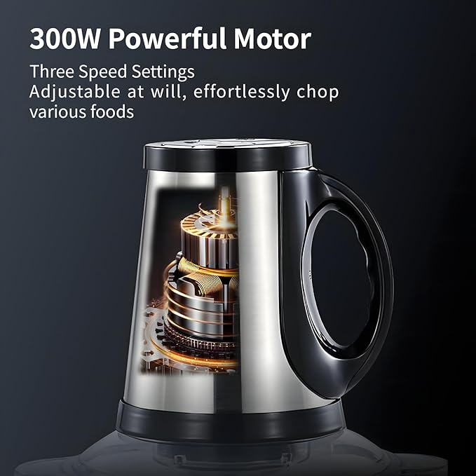 Electric Food Processor, 3-Speed Food Chopper with Meat Grinder & Vegetable Chopper - 2 Bowls (8 Cup Stainless Steel+8 Cup Glass) with Powerful 300W Copper Motor, 2 Bi-Level S Blades