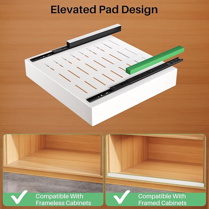 Pull out Cabinet Organizer,21"Deep, 20"Wide Heavy Duty Full-Extension Slide out Drawers Fixed with Nano Adhesive,Roll Out Shelves Sliding Cabinet for Kitchen,Bathroom,Pantry,under sink Storage(White)