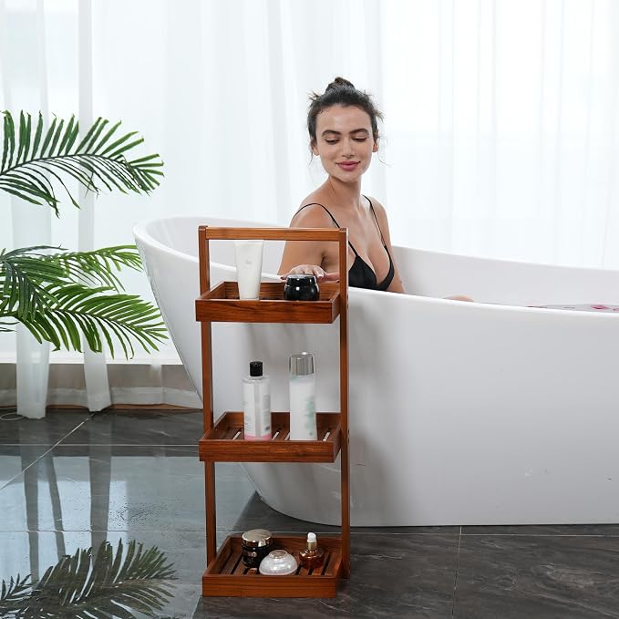 Utoplike Teak Shower Caddy Corner, Standing Organizer Shelf with Handle | 3 Tier with Handle, Wood Bathroom Stand Up Caddy Basket for Shampoo, Rack for Inside Shower, Bath, Office, Kitchen Desktop