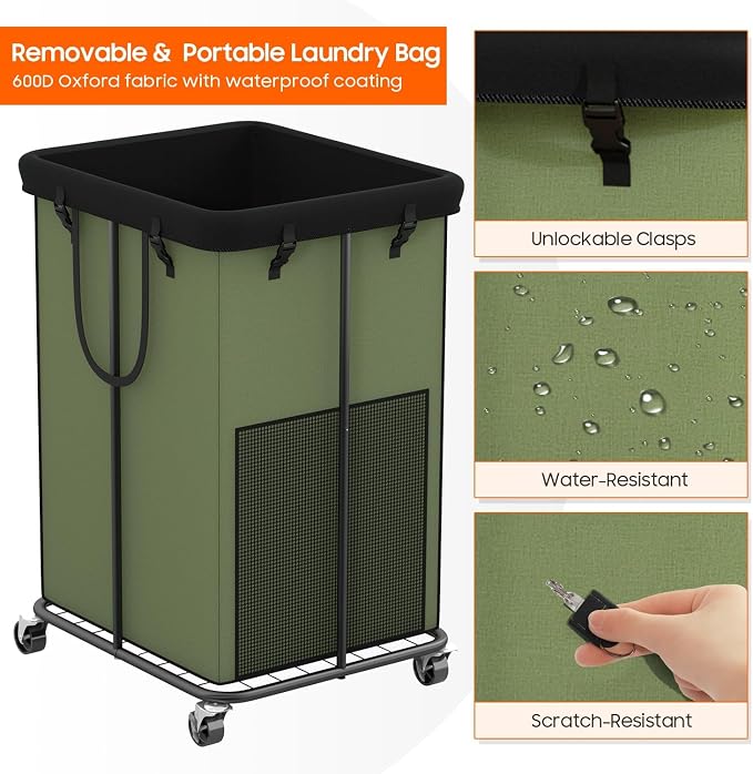 Laundry Hamper with Wheels, 150L Rolling Laundry Basket with Bag & Handles | Sturdy Metal Frame | Removable Bag | Large & Tall Dirty Clothes Hampers for Laundry Room, Bedroom, Dorm, Bathroom-Green