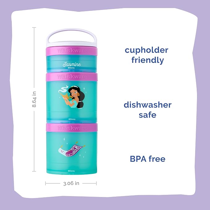 Whiskware Disney Princess Aladdin, Stackable Snack Containers for Kids, 3 Stackable Snack Cups for School or Travel, Backpack and Cupholder Friendly, Jasmine and Magic Carpet