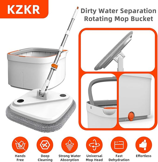 KZKR Spin Square mop and Bucket System with Wringer Set for Home with 2 Mop Pads (Grey,White)