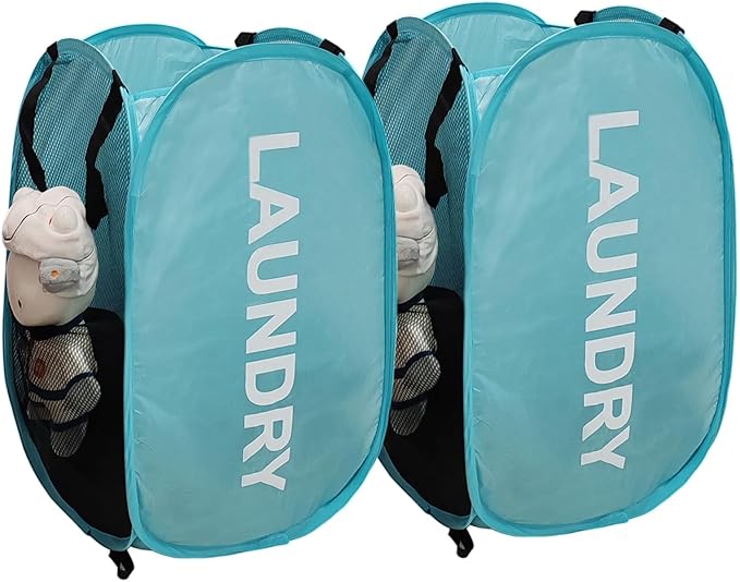 2Pcs Dirty Clothes Hampers for Laundry Foldable Mesh Pop Up Hampers | Collapsible Laundry Baskets Travel Cruise Hampers Blue Space Saving Easy to Carry for Laundry Room, College Dorms, Bedroom