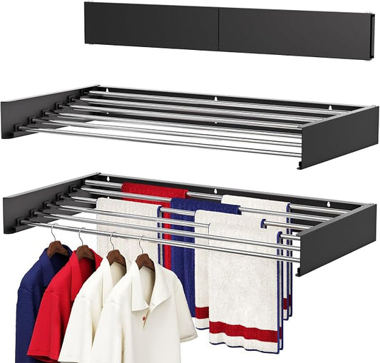 Wall Mounted Drying Rack 40", Foldable Laundry Drying Rack with Stainless Steel Rods, Retractable Laundry Space Saver for Indoor & Outdoor Use, Include Wall Template