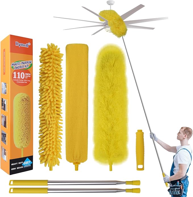 Dymoll Cobweb Duster with Extension Pole, 110" Microfiber Feather Duster Kit with Bendable Washable Heads, Spider Web Brush, Dusters for Cleaning Ceiling Fan, High Ceiling, Blinds, Furniture,2Pcs