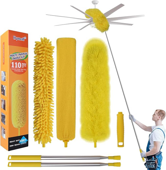 Dymoll Cobweb Duster with Extension Pole, 110" Microfiber Feather Duster Kit with Bendable Washable Heads, Spider Web Brush, Dusters for Cleaning Ceiling Fan, High Ceiling, Blinds, Furniture,2Pcs
