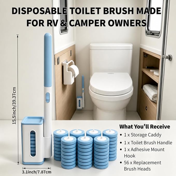 RV Toilet Brush & Holder, Wall Mount Toilet Cleaner, 56 Cleaner Refills | Hands-Free Toilet Bowl Wand Kit, Disposable Toilet Bowl Cleaner Wand, Compact Design, for RV Camper & Small Bathroom