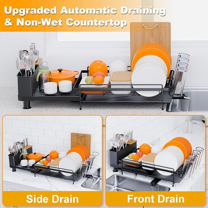 Large Dish Drying Rack - Expandable Dish Drying Rack with Utensil Holder & Cup Holder,Auto-Drain Multifunctional Dish Racks for Kitchen Counter with Drainage,Black