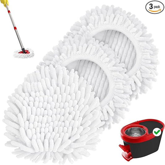3 Pack Chenille Mop Heads Replacements Compatible with 1 Tank System Chenille Duster Replacement Heads Microfiber Spin Mop Refill Pads Reusable Dust Refills for Floor Cleaning (White)