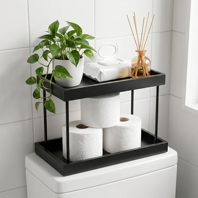 WOPITUES Bathroom Counter Organizer,2 Tier Perfume Organizer,Wooden Bathroom Organizers and Storage for Makecup Perfume Skincare,Countertop Organizer in Kitchen,Bedroom,Coffee Bar,Black