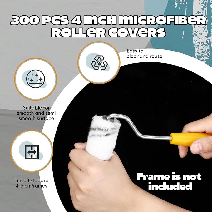 Leumoi 300 Pcs 4 Inch Mini Paint Roller Cover 1/2" Nap Small Microfiber Roller Covers Home Repair Tools House Household Supplies Kit (Gray, White)