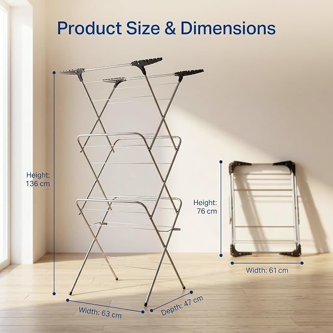 3 Tier Clothes Airer - 20m Washing Line, Foldable Laundry Rack with Heavy Duty Steel Frame, Non-Slip Feet, Corner Hanger Hooks, Space Saving Clothes Drying Rack for Indoor Outdoor Use