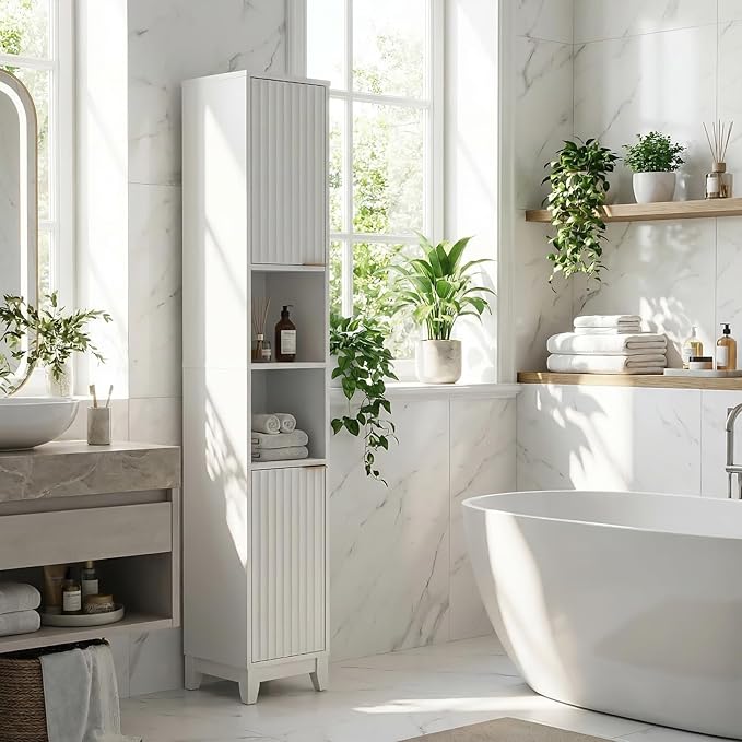 VINGLI White Fluted Tall Narrow Bathroom Cabinet, 67" Slim Freestanding Storage Cabinet for Small Spaces, Wood Linen Tower Floor Cabinet with 2 Doors, Open Shelves & Soft-Close Hinges