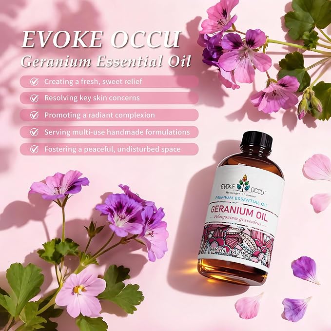 EVOKE OCCU Geranium Essential Oil for Skin & Aromatherapy | Relaxing Scent for Hair Scalp Care, Diffuser, Massage, DIY Soap Candle & Home Cleaning - 118ml / 4 fl oz