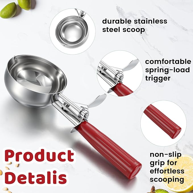 2 Pcs 8 Ounce Portion Scoops Ice Cream Scooper with Trigger Stainless Steel Portion Control Scoop for Restaurant, Baking Food, Cookie Dough, Cupcake Batter (Black,Red)