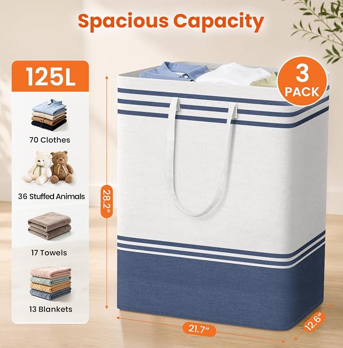 TranquilRelax 3-Pack Laundry Basket, Laundry Hamper, Blue-125L | Freestanding＆Water-Resistant Laundry Hamper, Collapsible Tall Clothes Hamper with Carry Handles for Clothes, Laundry Basket
