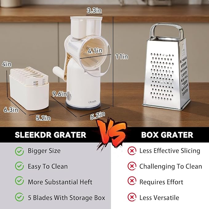 Rotary Cheese Grater with Handle – Includes 5 Stainless Blades and Feature Strong Suction Base – Easy to Clean, Cheese Shredder Hand Crank, Multi-Purpose Slicer (White)