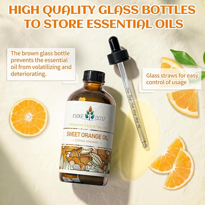 EVOKE OCCU Orange Essential Oil for Diffusers & Skin Care | Fresh Scent for DIY Cleaning Sprays, Candles & Soap Making, Aromatherapy to Lift Mood & Freshen Air – 118mL / 4 fl oz