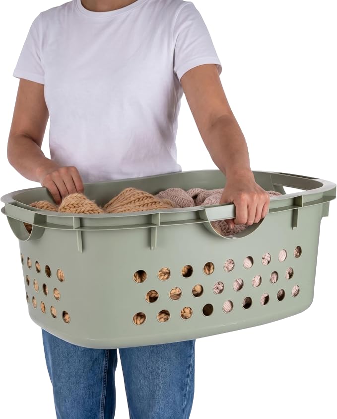 IRIS USA Laundry Basket, 51L Plastic Hip Hold Hamper, 4 Pack, Sage Green | Lightweight ventilated laundry basket with hip-hold handles for everyday clothes, towels, and bedding.