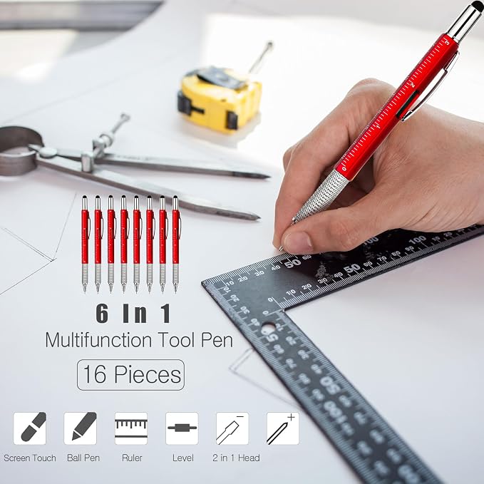 Zhanmai 16 Pcs Multi Tool Pens for Men, 6 in 1 Multitool Ballpoint Pen with Screwdriver Ruler Level Stylus Refills, Bulk Gifts for Employees Office Gadget Supplies Birthday Christmas Stocking Stuffers