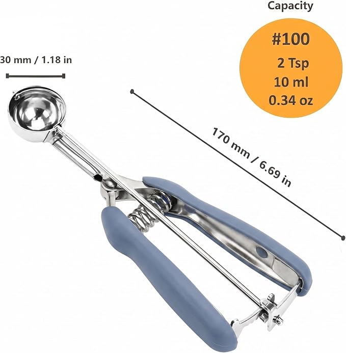 Mini Cookie Scoop, 2Tsp/10ml/0.34oz Cookie Scoops for Baking, 18/8 Stainless Steel Cookie Scooper for Baking, Cookie Dough Scoop with Non-slip Grip (Blue Gray)