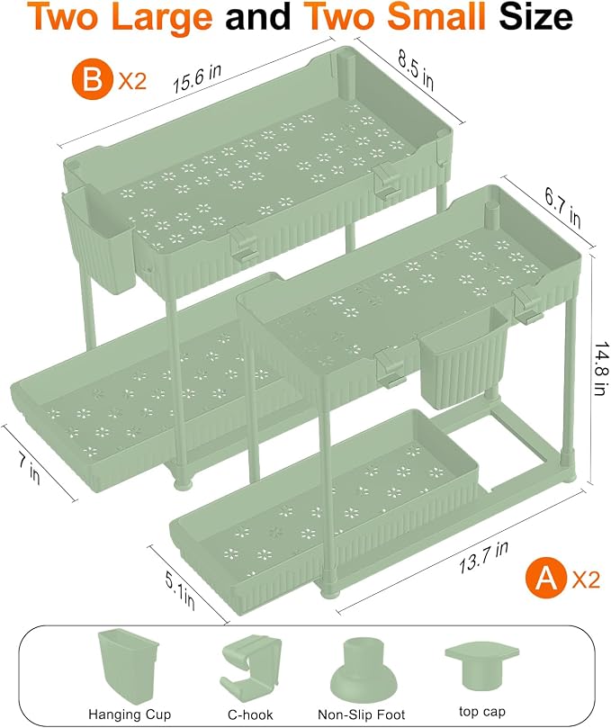 Sevenblue Under Sink Organizer, Bathroom Organizers and Storage, 2 Tier Multi-Use Pull Out Cabinet Organizer with Hang Hooks and Cups (Green, 14.8 Inch)